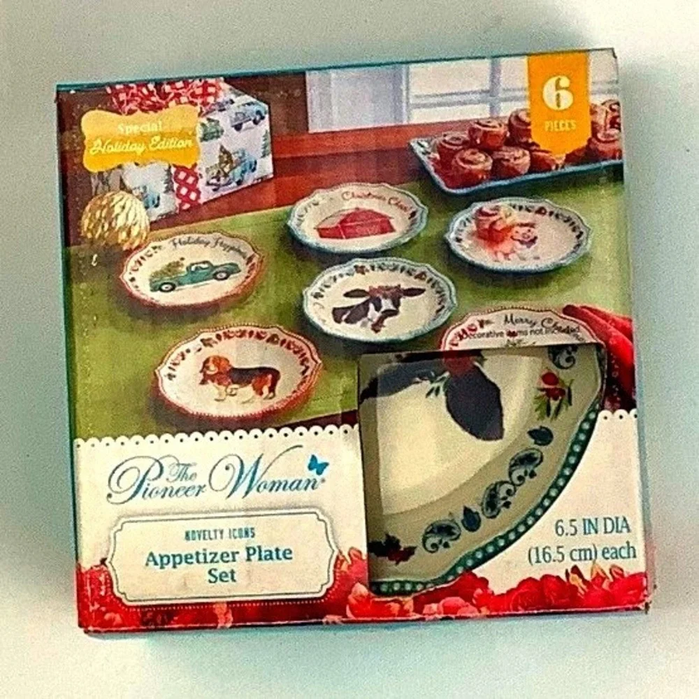 Pioneer Woman Novelty Icons Christmas Appetizer Plate Set 6pc 6.5in Stoneware